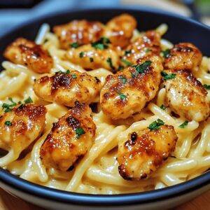 Garlic Butter Chicken Bites With Savory Creamy Parmesan Pasta Recipe