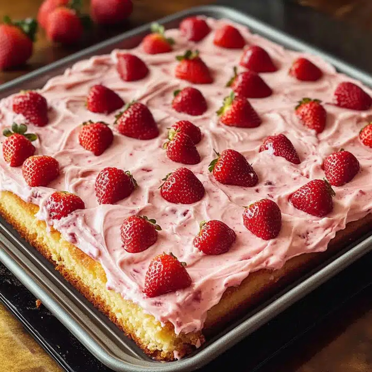 Luscious Strawberry Frosted Strawberry Sheet Cake Recipe