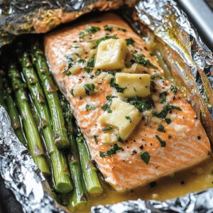Succulent Salmon In Foil With Asparagus And Garlic Butter Sauce Recipe