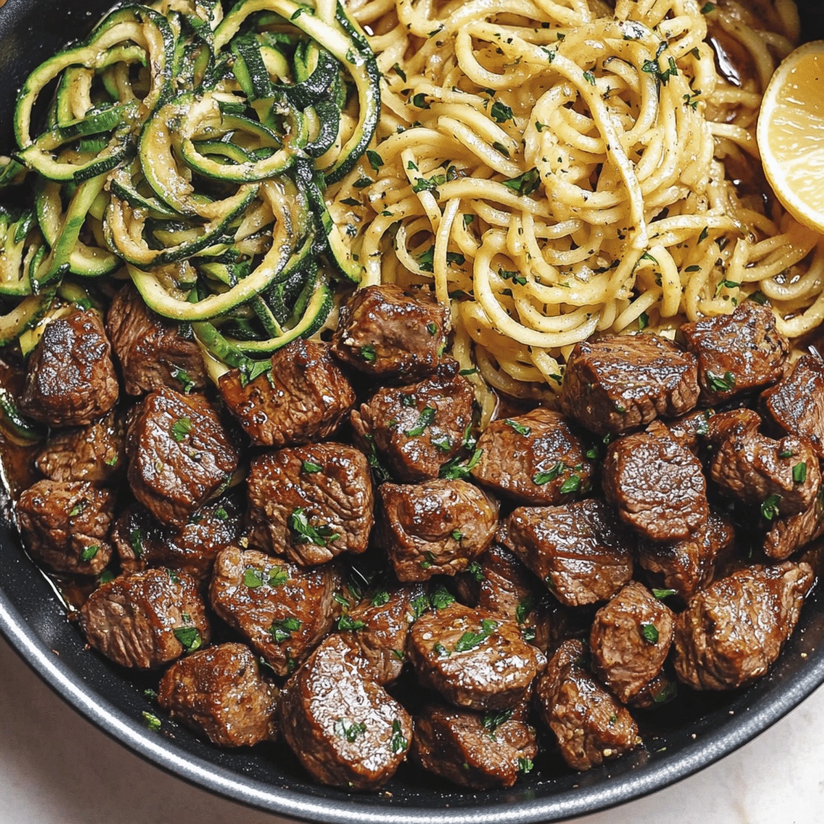 Sizzling Garlic Butter Steak Bites With Lemon Zucchini Noodles Recipe